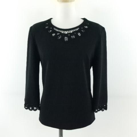 Hawaii フォーマル カットソー ブラウス 七分袖 レース 黒 9 *T249 レディース