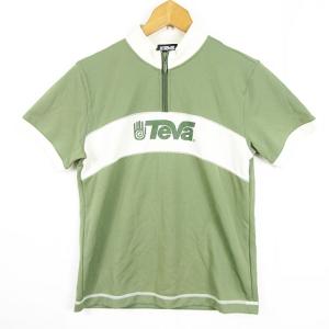 テバ Teva ハーフジップ カットソー Tシャツ 半袖 M グリーン アイボリー ロゴ kz11197 レディース