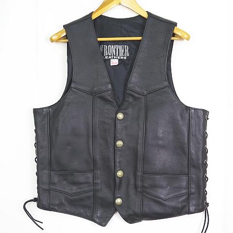 FRONTIER LEATHERS レザー ベスト サイドレースアップ バイカー ライダース L ブ...