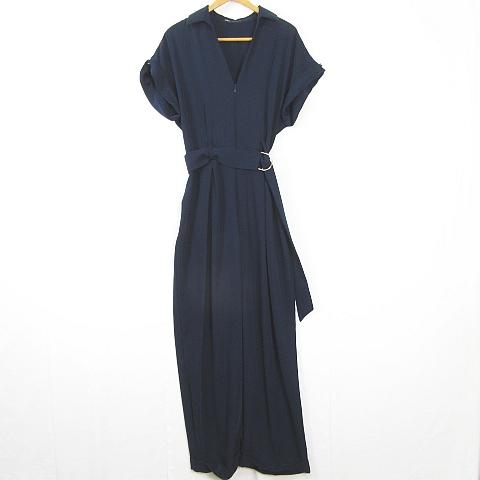 ザラ ZARA オールインワン ロンパース 半袖 ベルト付き ロールアップ M ネイビー 2157/...