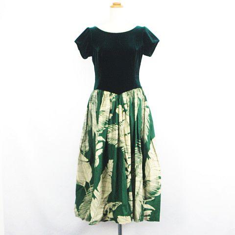 Kamele Aloha ワンピース フラドレス 半袖 ロング丈 ベロア ドッキング ボタニカル柄 ...