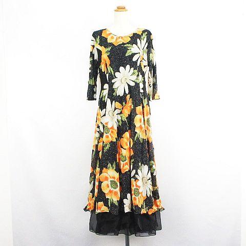 JUN FAHION ドレス 七分袖 ラウンドネック ロング丈 マキシ丈 フリル 花柄 ラメ ライン...