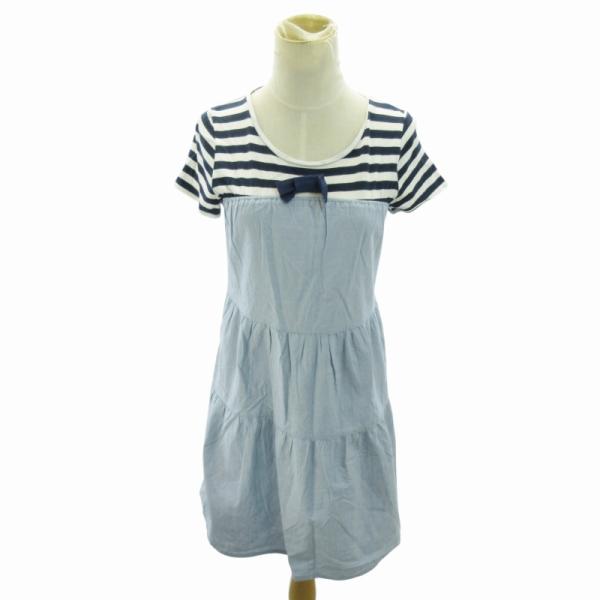リズムオブライフ RHYTHM OF LIFE ワンピース 切替 ボーダー リボン 半袖 ひざ丈 白...