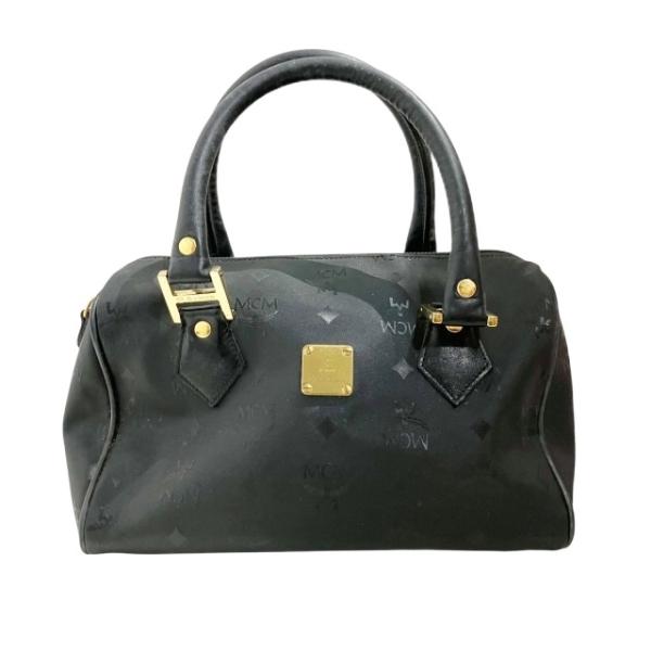 エムシーエム MCM PVC×レザー ハンドバッグ ミニボストン ロゴ ゴールド金具 黒 ブラック ...