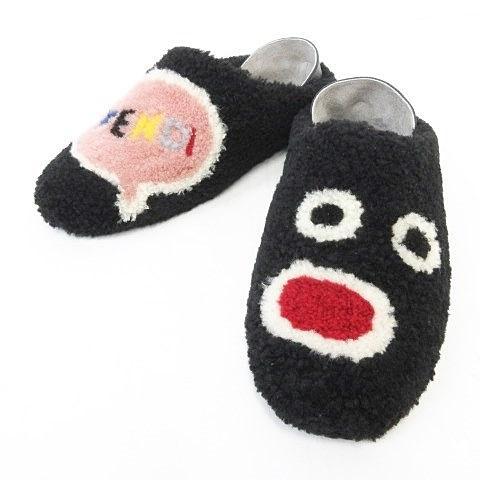 未使用品 フェンディ FENDI スリッポン ルームシューズ スリッパ ロゴ 顔 ボア レザー ブラ...