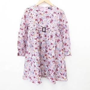 中古 バーバリー ロンドン BURBERRY LONDON ワンピース 長袖 丸首 ひざ丈 フレア タック ギャザー 花柄 コットン 綿 紫 パープル 130A キッ