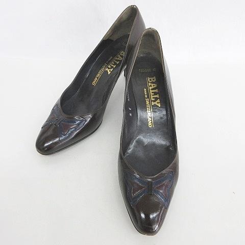 バリー BALLY パンプス ヒール レザー 茶 ブラウン ネイビー 紺 5E レディース