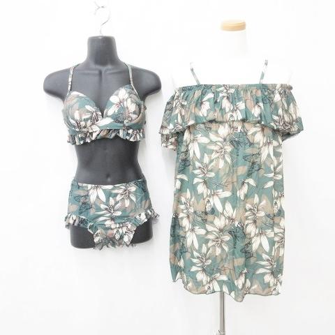 未使用品 水着 セパレート ビキニ キャミキニ 3点セット フリル 花柄 蝶柄 グリーン ベージュ ...