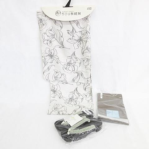 未使用品 ソウビエン SOUBIEN 浴衣 帯 下駄 3点セット 花柄 オフホワイト イエロー ブラ...