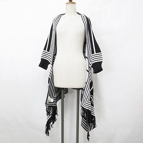 未使用品 je crois soi ポンチョ ニット 七分袖 ボーダー フリンジ 黒 白 ブラック ...