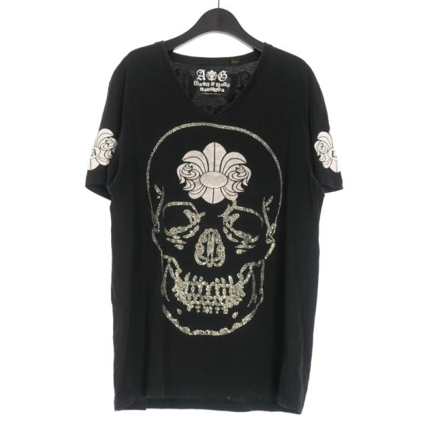 エージー AG Vネック プリントTシャツ カットソー ラインストーン 半袖 M ブラック 黒 メン...