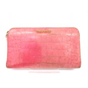 ミュウミュウ miumiu 長財布 クロコ型押し ラウンドジップ レザーロゴ ピンク /hn レディ...