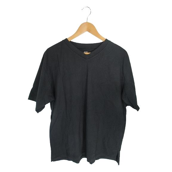 ユニクロ UNIQLO プルオーバー Tシャツ 半袖 Vネック サイドスリット 無地 ブラック サイ...