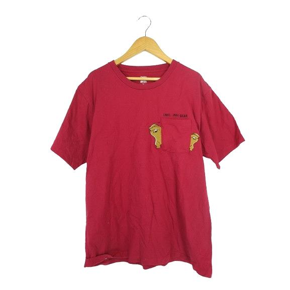 グラニフ graniph Tシャツ クルーネック 長袖 熊 アニマル 柄 刺繍 サイズ M 赤 レッ...