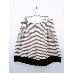 アンデュミ 2/1 Un-Demi パンツ ショート ボーダー リネン混 36 茶 ブラウン レディース