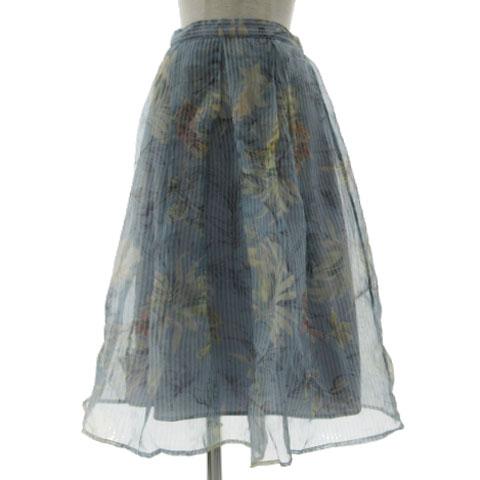 ザラ ベーシック ZARA BASIC 花柄ストライプチュールスカート フレア ミディ丈 ウエストゴ...