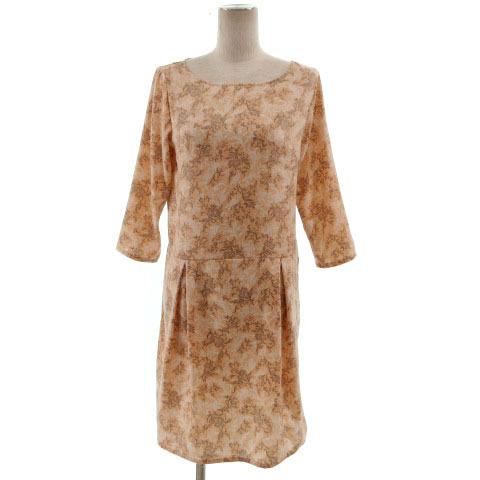 シンプリシテェ Simplicite ワンピース ひざ丈 タック リーフ柄 オレンジ系 コーラルオレ...