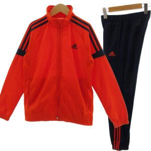 中古 アディダス adidas ジャージ セットアップ 上下セット ジャケット 3本ライン スタンドカラー パンツ オレンジ ネイビー 紺 150 キッズ