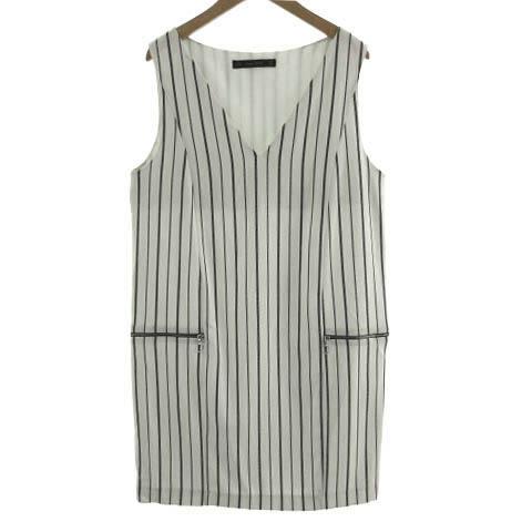 ザラ ベーシック ZARA BASIC ワンピース ノースリーブ Vネック ひざ丈 ストライプ ホワ...