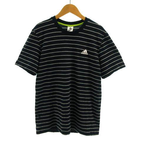 アディダス adidas Tシャツ 半袖 ロゴ刺繍 ボーダー ブラック 黒 グレー L メンズ