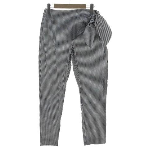ザラ ベーシック ZARA BASIC パンツ テーパード リボン コットン ストライプ ネイビー ...