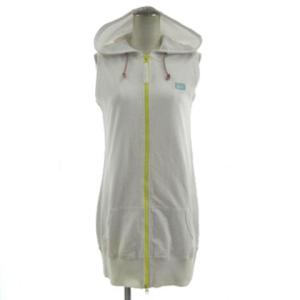 未使用品 オニツカタイガー Onitsuka Tiger パーカー スウェット ロゴ刺繍 ノースリーブ ロング丈 ダブルジップ ホワイト 白 黄色 S