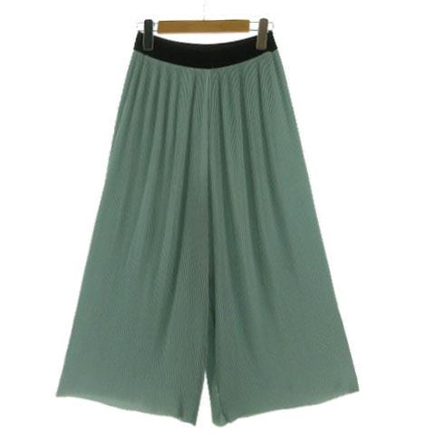 ザラ ベーシック ZARA BASIC パンツ ワイドパンツ プリーツ ウエストゴム 配色 グリーン...