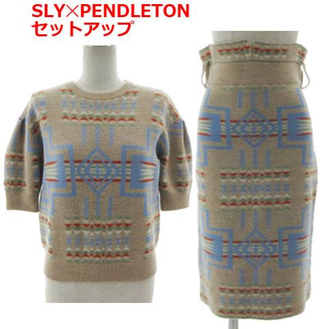 SLY ペンデルトン セットアップ ミドルゲージTOPS ニットスカート タイト ウエストゴム ハー...