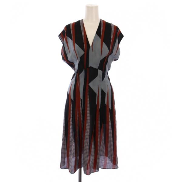 グッチ GUCCI ワンピース ひざ丈 フレンチスリーブ 総柄 シルク 36 黒 グレー 茶 /BM...