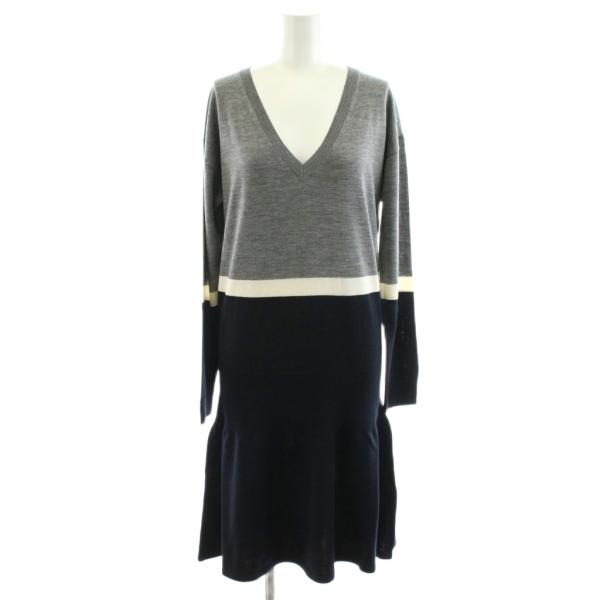 ラコステ LACOSTE 28 ニットワンピース ミモレ ロング Vネック ウール 40 グレー 白...