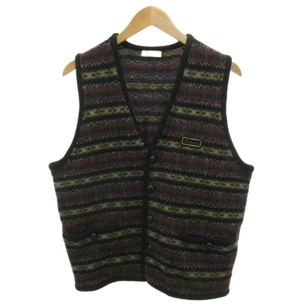 パパス Papas ニットベスト ウール 黒 ブラック Vネック ノースリーブ マルチカラー ボーダ...