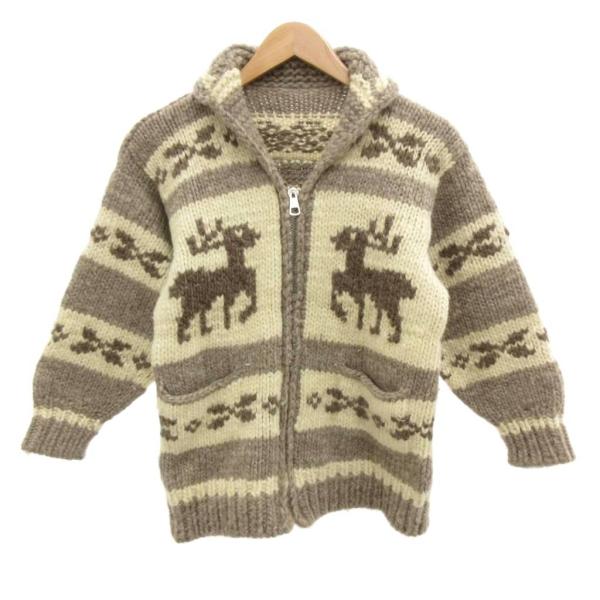ノーブランド ヴィンテージ カウチンセーター ニット ジャケット トナカイ柄 茶 ブラウン 長袖 フ...