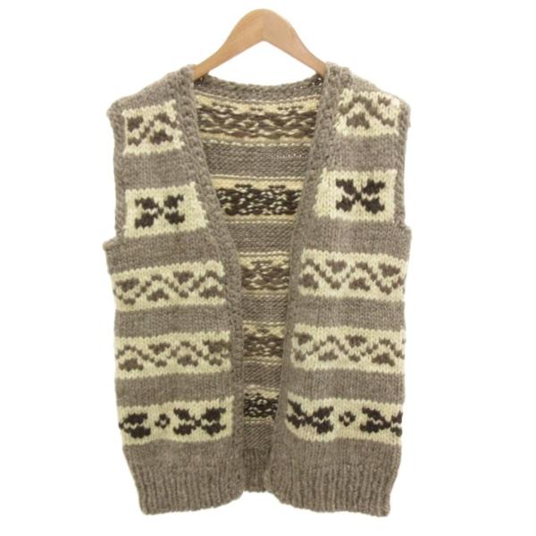 ノーブランド ヴィンテージ カウチンセーター ニット ベスト 茶 ブラウン 幾何学模様 ノーカラー ...