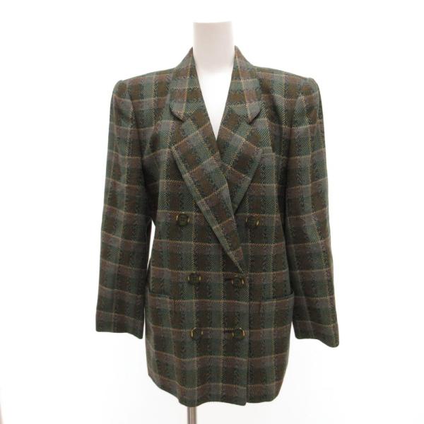 レリアン Leilian テーラードジャケット チェック柄 カシシル カシミヤ混 シルク混 9 緑 ...