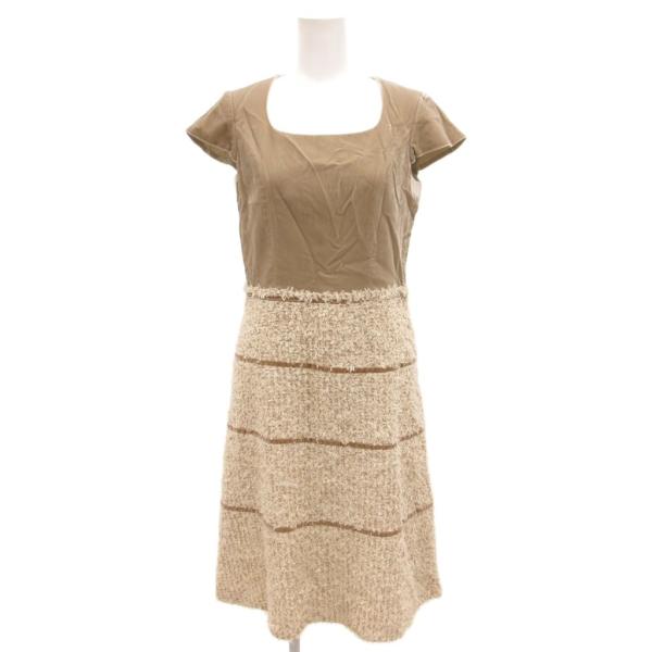 ランバン LANVIN COLLECTION ワンピース フレア ベルベット 切替 36 ベージュ ...