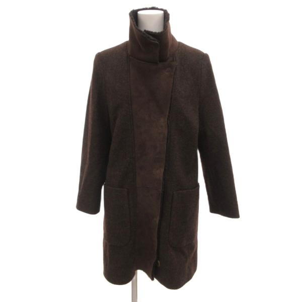 スキャパ SCAPA スタンドカラーコート レザー切替 ウール 38 茶 ブラウン /JS ■ECG...