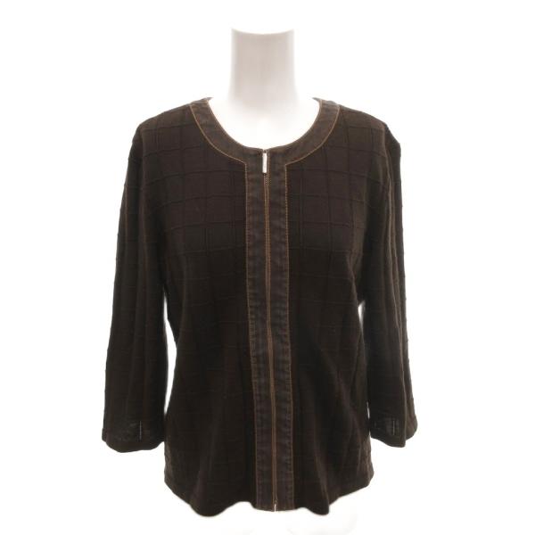 クレージュ courreges ジップジャケット ノーカラー ニット チェック柄 11R 茶 ブラウ...