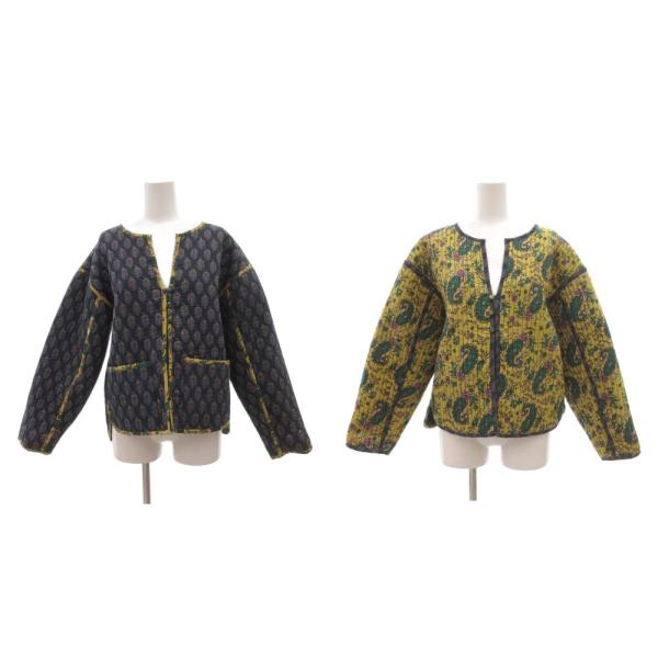 Ample 美品 リバーシブルジャケット 9 紺 ネイビー 黄 イエロー ノーカラー ペイズリー柄 ...