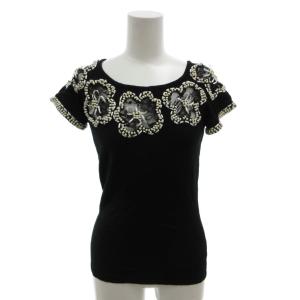 LEO GUY 美品 Tシャツ カットソー S/M 黒 ブラック 半袖 ラウンドネック 花柄ビーズ装飾 レースドッキング /MX ■ECF005 レディース
