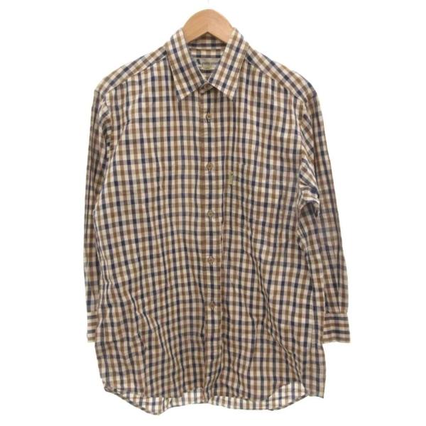 アクアスキュータム AQUASCUTUM チェックシャツ 長袖 麻 リネン L 茶 ブラウン 青 ブ...