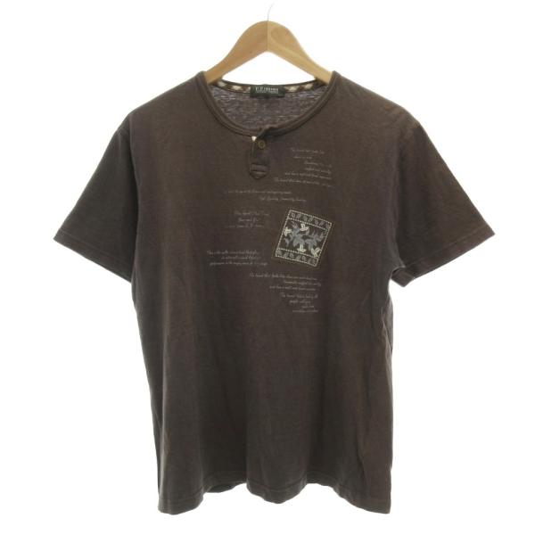 レノマ renoma 半袖 ヘンリーネックTシャツ L グレー リネン混 メッセージT /JI ■E...
