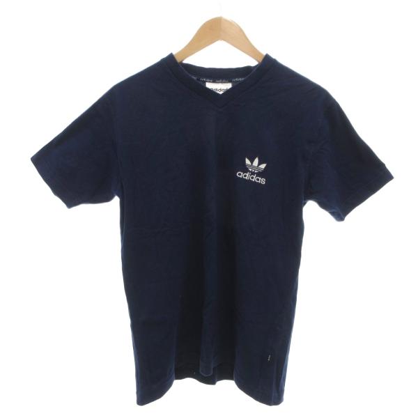 アディダス adidas 美品 半袖Tシャツ Vネック ロゴ刺繍 3ライン S 紺 ネイビー /OB...