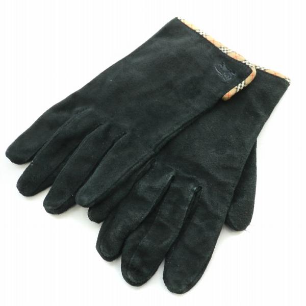 バーバリー BURBERRY 手袋 グローブ スエード ロゴ 刺繍 ワンポイント ノバチェック 黒 ...