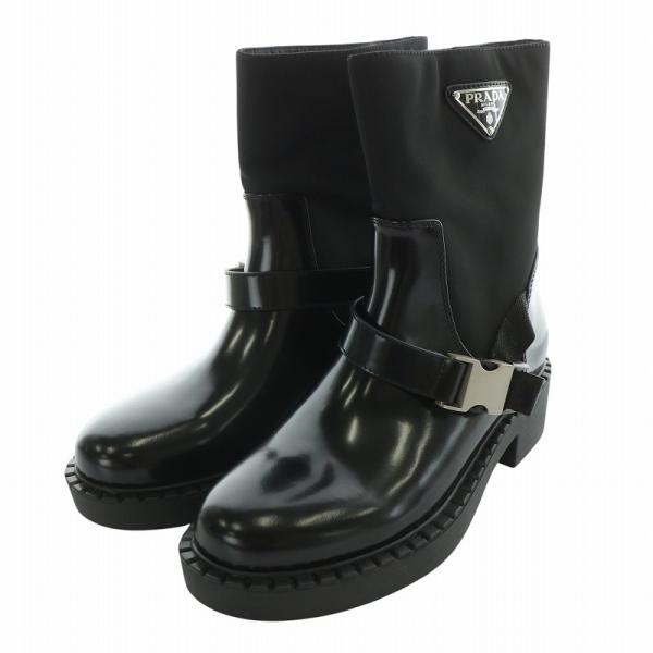 プラダ PRADA ショートブーツ ストラップ Re-Nylon ナイロン レザー 三角プレート 3...