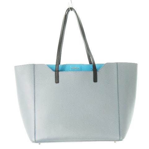 フルラ FURLA トートバッグ 大容量 レザー 革 PVC ロゴ 配色 切替 青 ブルー グレー ...