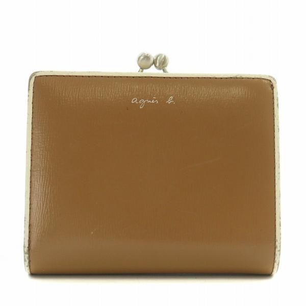 アニエスベー agnes b. 財布 二つ折り レザー がま口 バイカラー ロゴ 茶色 ブラウン ア...