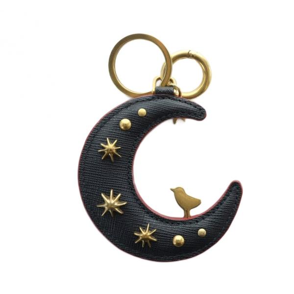 プラダ PRADA キーリング チャーム ロゴ 三日月 ムーン レザー スタッズ 黒 ブラック ■G...