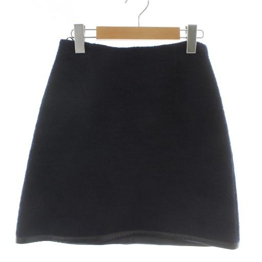 プラダ PRADA 台形スカート ミニ ウール レザー ツイード 36 XS 紺 ネイビー /XZ ...