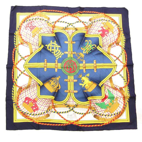 エルメス HERMES カレ90 GRANDE TENUE 馬の礼装 スカーフ 絹 シルク 総柄 紺...