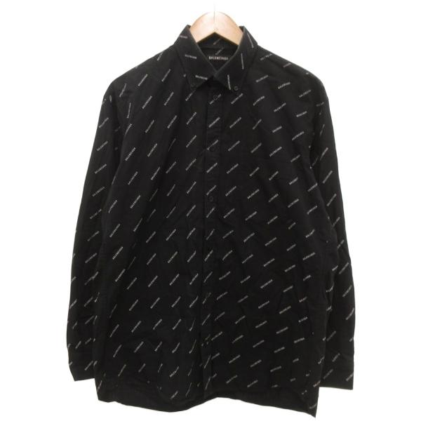 バレンシアガ BALENCIAGA ボタンダウンシャツ 長袖 総柄 ロゴ 37 黒 ブラック 白 ホ...